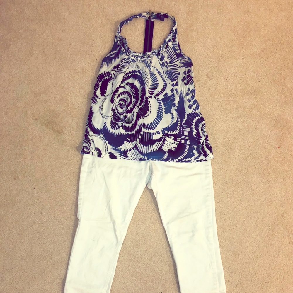 Purple white & black floral zipper back tank top